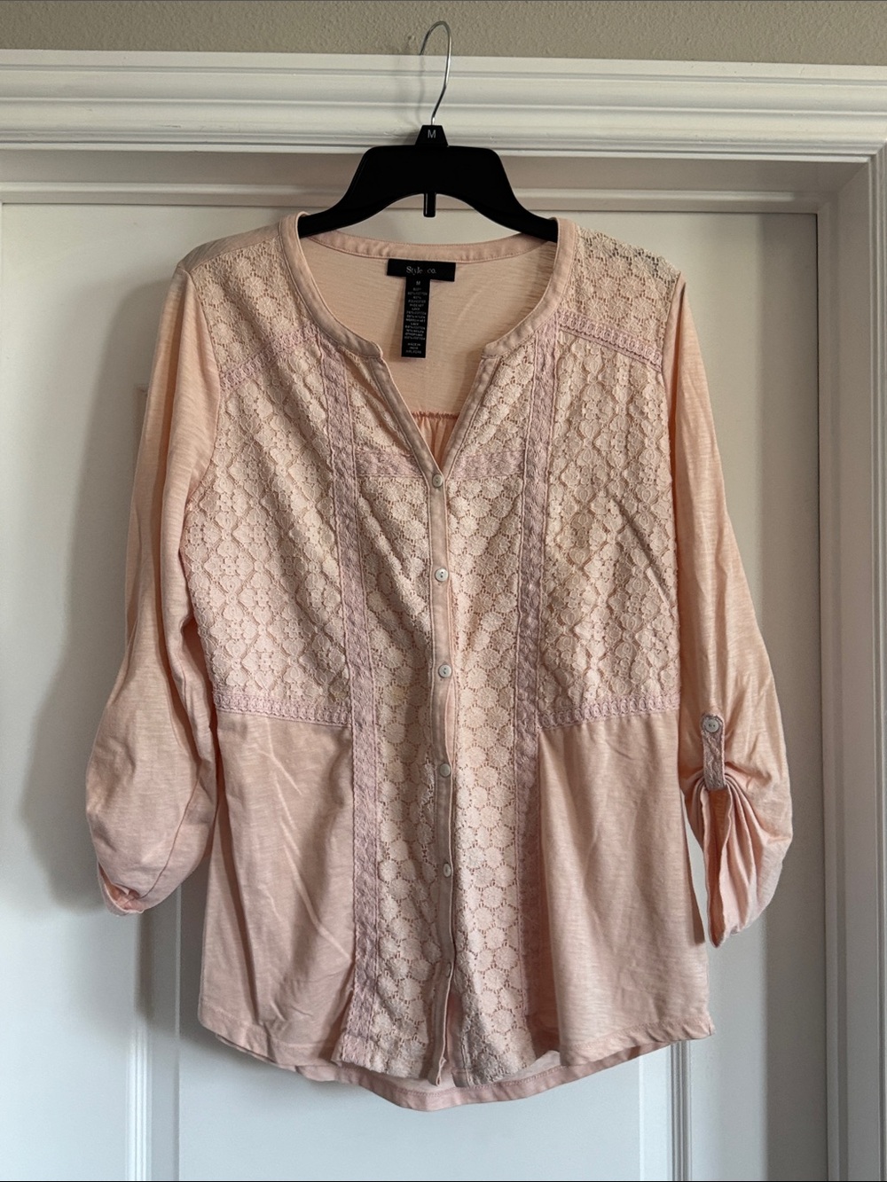 Style & Co. Light Peach Lace-Front Button Blouse